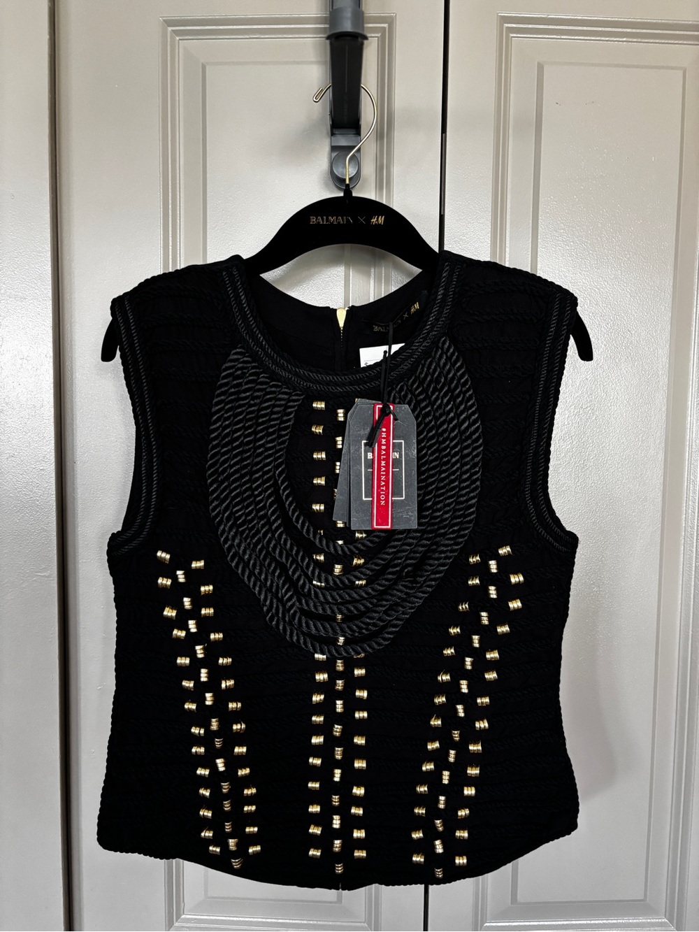 Balmain Black Knit Tank Top with Gold Stud Accents